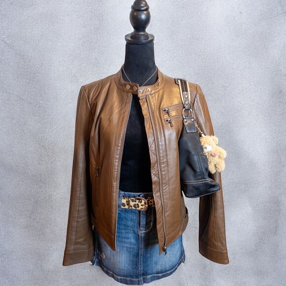 Vintage Y2K Blanc Noir Raw Leather Brown Motorcycle Full Zip Jacket Medium - Picture 5 of 12